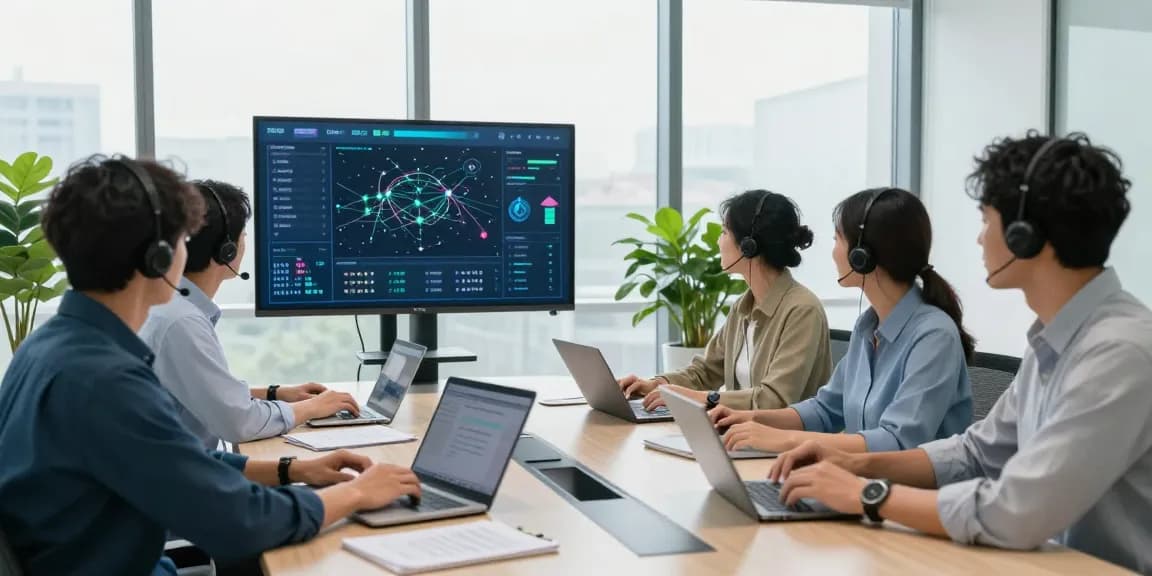 IT support for business team collaborating in a modern office, showcasing real-time monitoring dashboard.