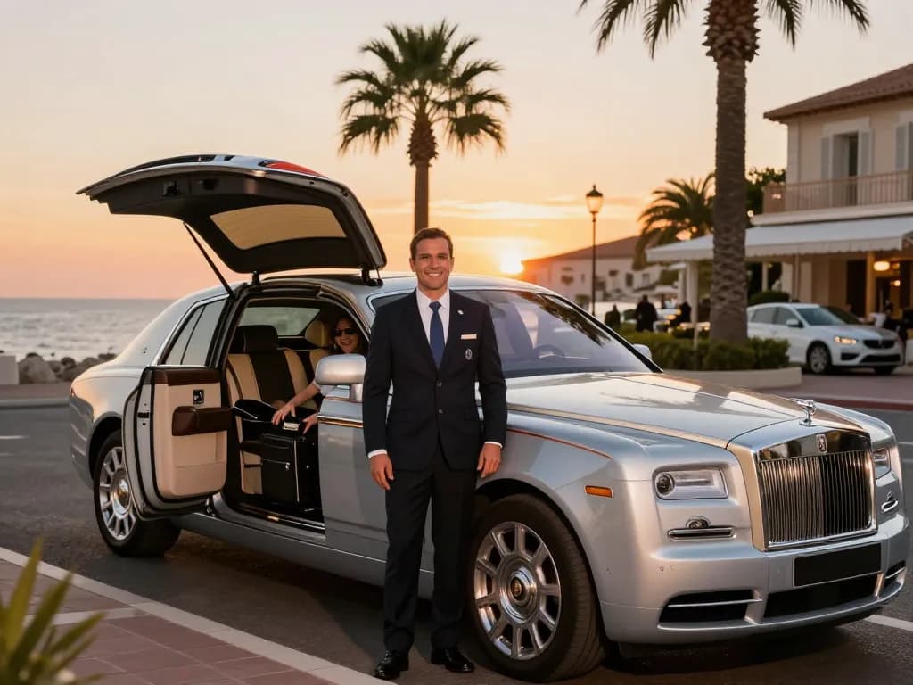 Service de taxi de luxe à Saint-Tropez avec chauffeur professionnel et arrière-plan côtier pittoresque.