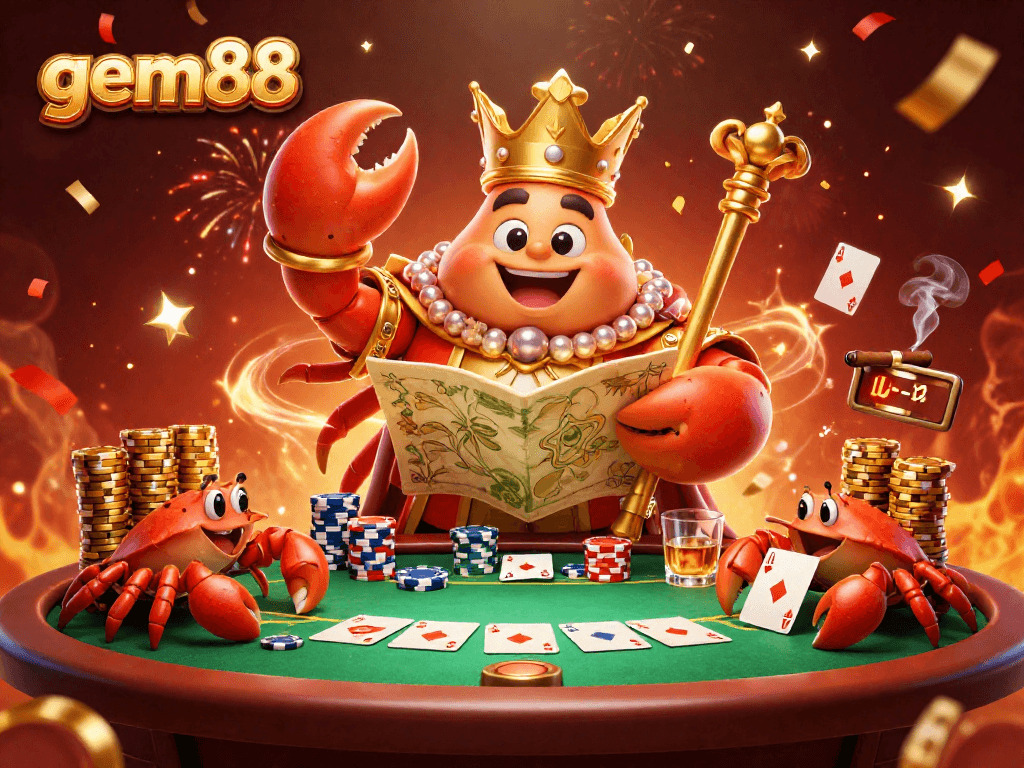 Join the gem88 poker action in a vibrant scene featuring a golden crab emperor and chip-carrying hermit crabs.