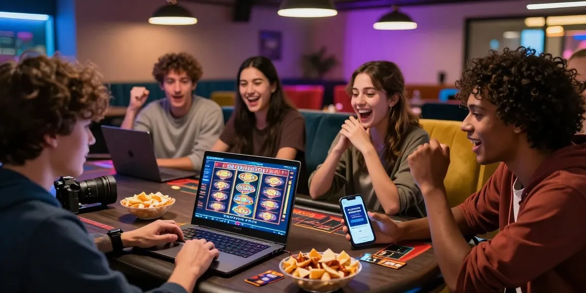 Junge Erwachsene genießen eine aufregende Sitzung in einem Paysafe Card Casino, während sie lebhafte Gaming-Aktionen erleben und die Paysafecard-App nutzen.