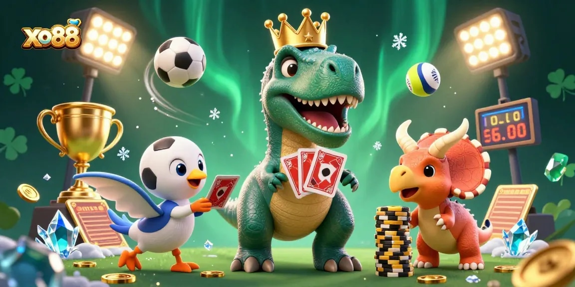 xo88 showcases a fun, dynamic gaming scene with playful dinosaur characters and vibrant casino elements.