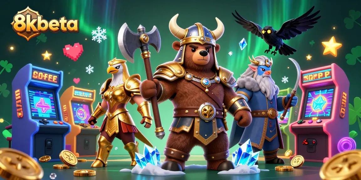 Experience thrilling wins at 8kbeta with vivid gaming scenes featuring Viking bear and Valkyrie eagle.