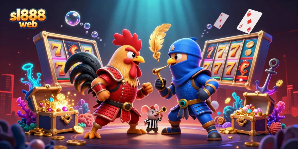 Engage with sl888 web's thrilling combat between colorful roosters in a dynamic slot game scene.