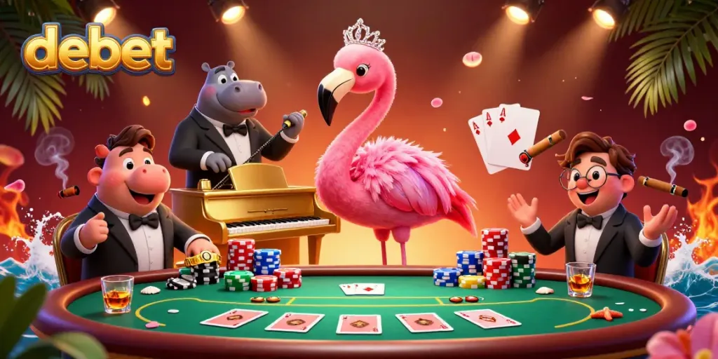 Engage in thrilling games at debet with a vibrant casino scene featuring lively characters and poker elements.