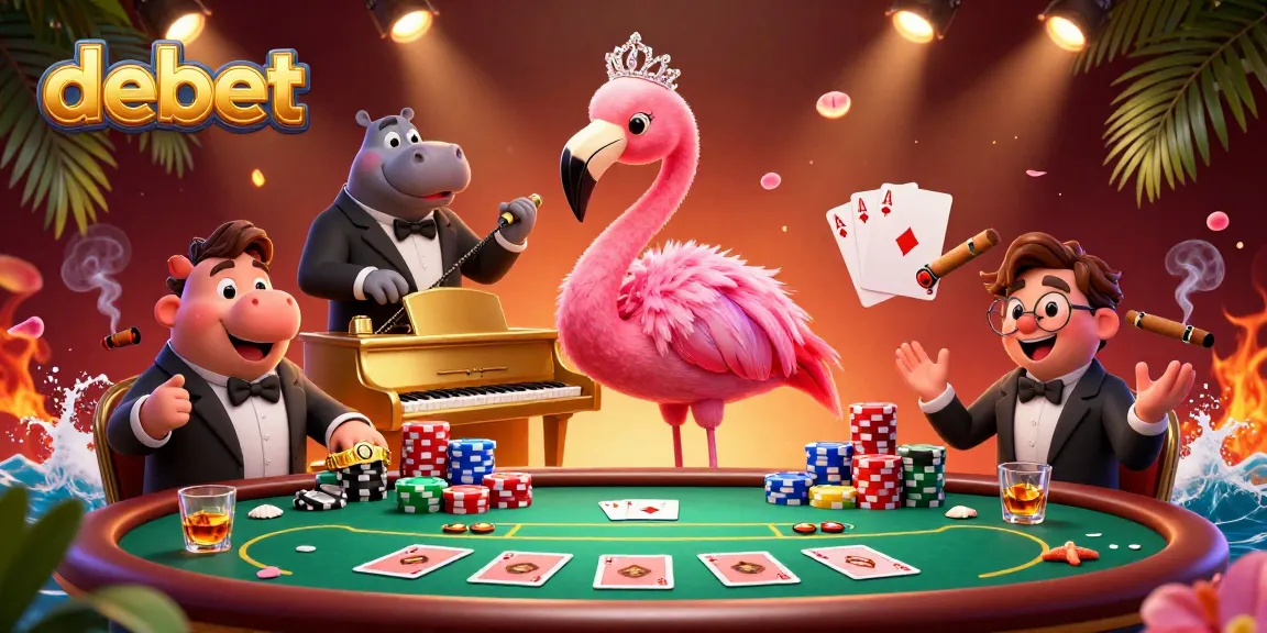 Engage in thrilling games at debet with a vibrant casino scene featuring lively characters and poker elements.