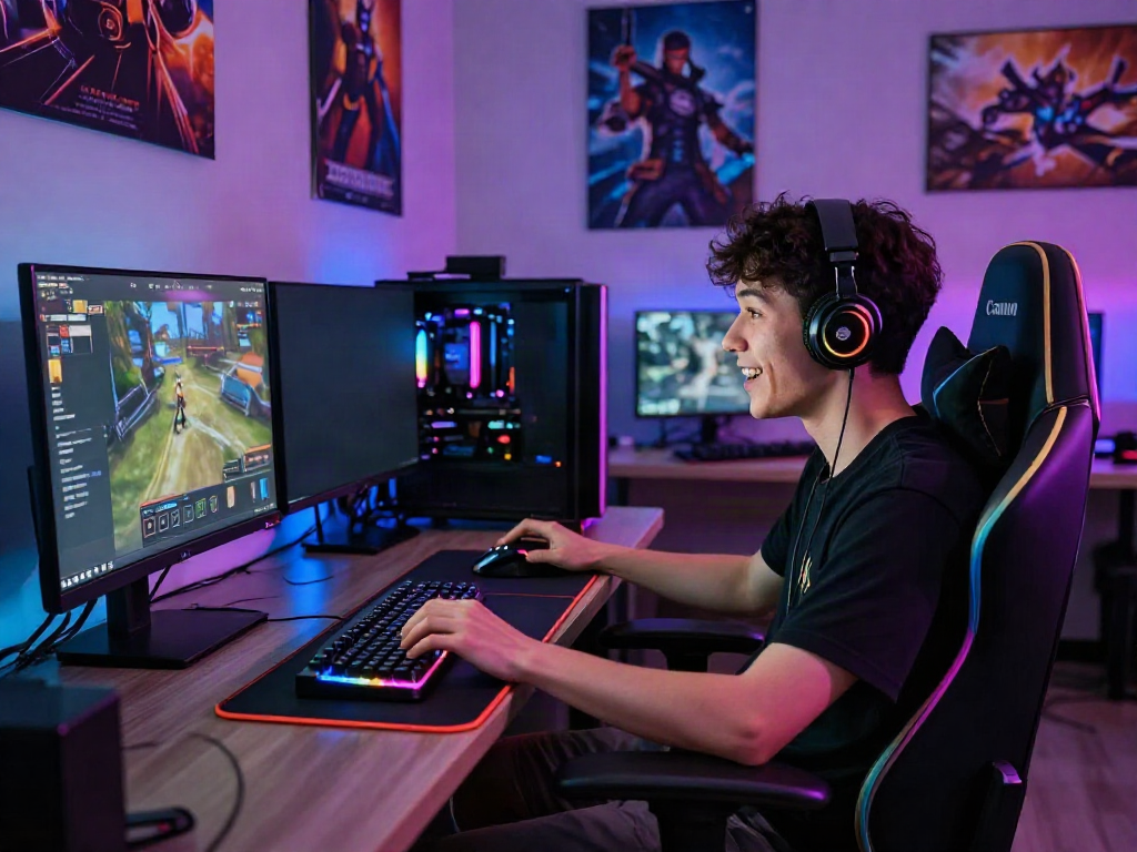 Gaming session at https://manclub1.jp.net/, showcasing a player engaged in an immersive online game with modern setup and vibrant atmosphere.