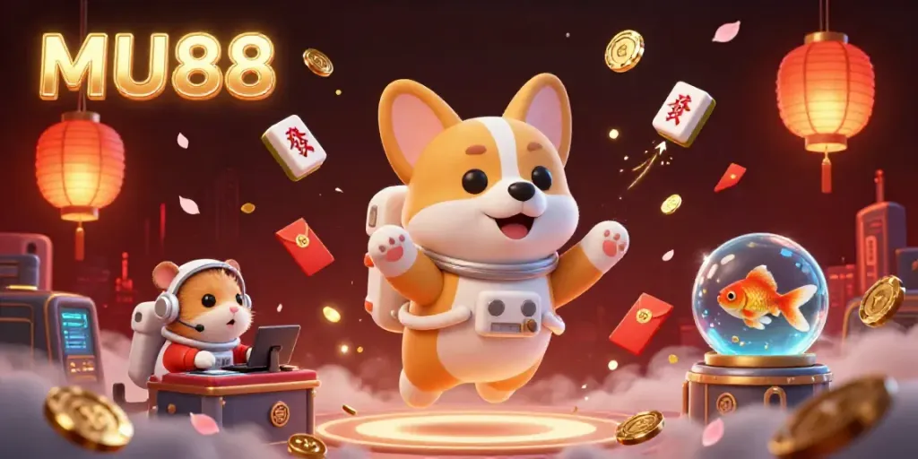 MU88 engages players with a lively space casino scene featuring a cartoon corgi in zero gravity surrounded by colorful gaming elements.