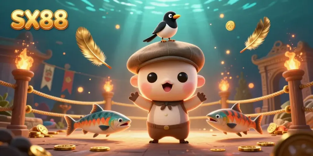 SX88 illustrated casino scene featuring a playful Loch Ness monster with its magpie friend amidst gold coins and dynamic game elements.