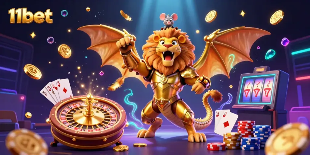 Engage in thrilling gameplay with 11bet's colorful chimera creature and dynamic casino elements.