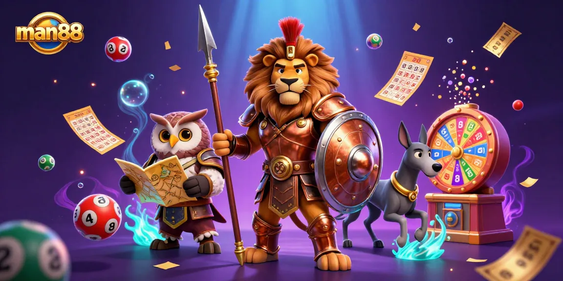 Join man88 in a thrilling game scene with a Spartan lion, owl strategist, and greyhound amidst lottery elements.
