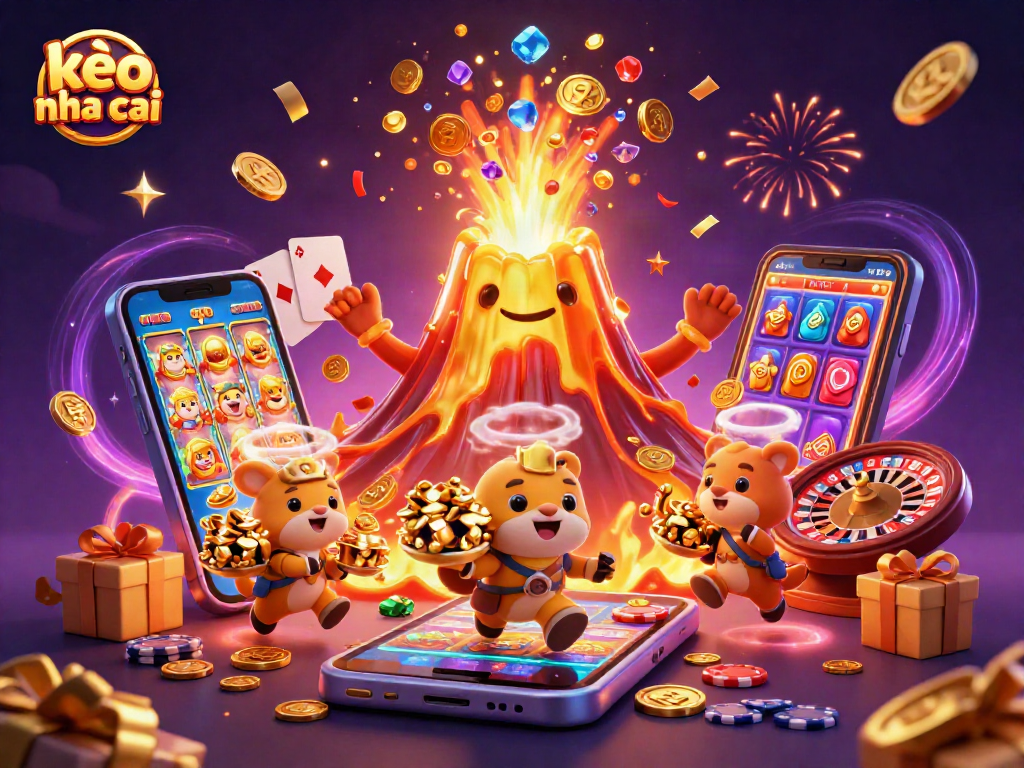 Engage with kèo nha cai through a dynamic scene of a golden volcano erupting coins amidst a lively gambling atmosphere.