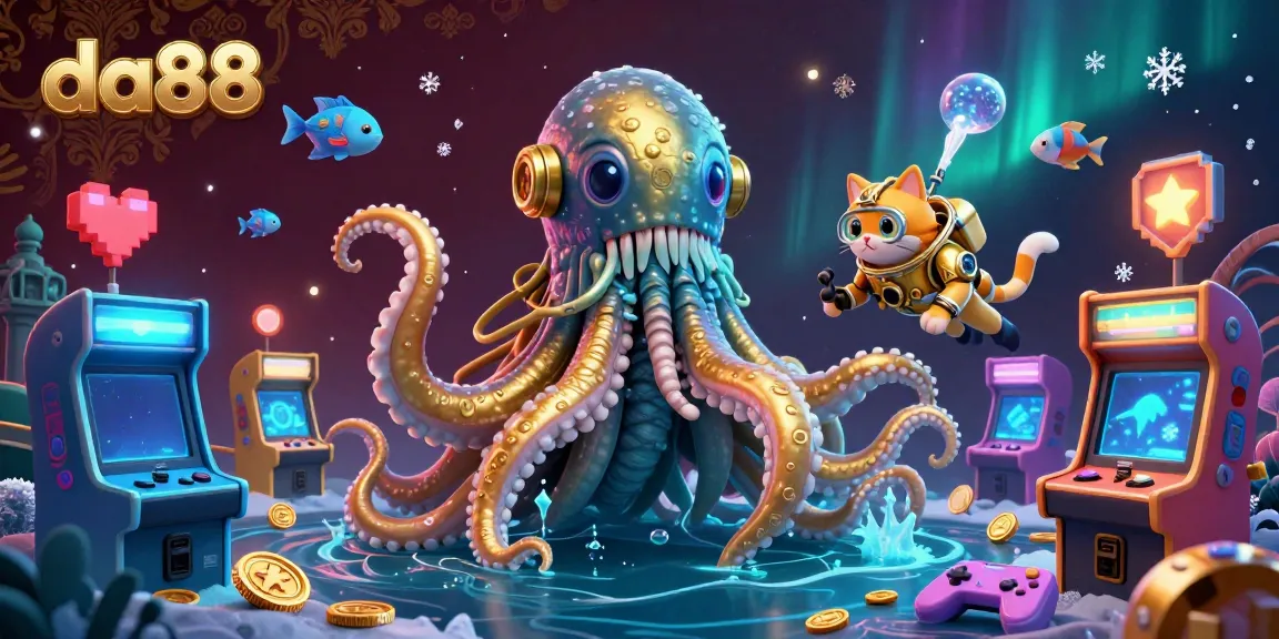 Experience exciting gameplay at da88 with a kraken, diving cat, and glowing casino elements.