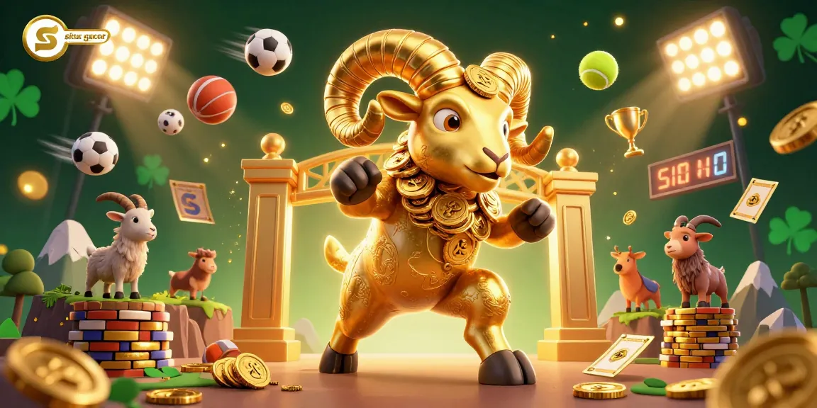 Bet sports with situs gacor, featuring a golden ram and dynamic sports elements in a rich 3D scene.