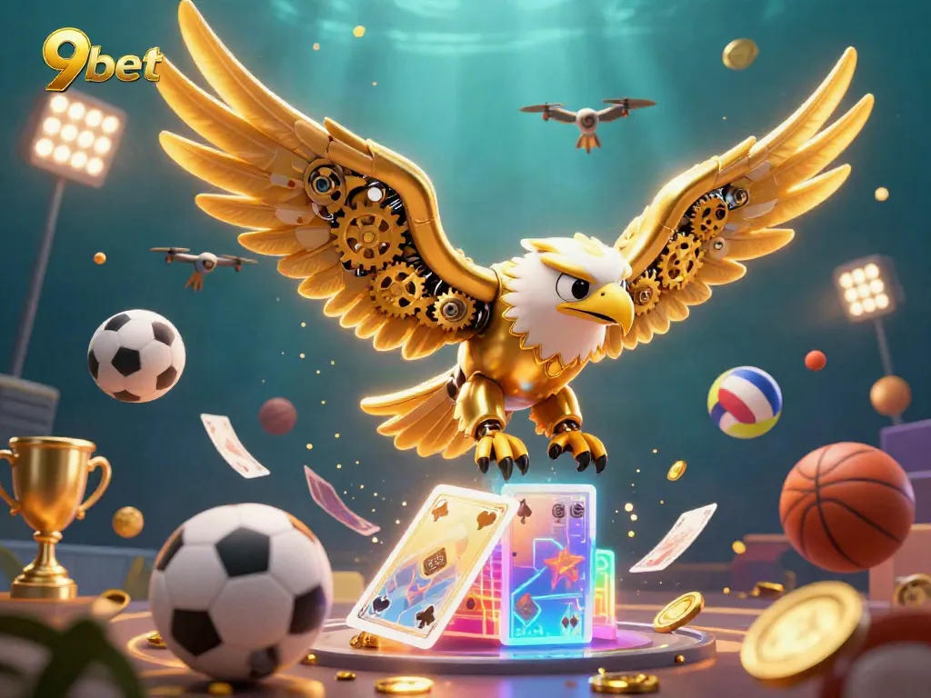 Engage with the vibrant 9bet experience, featuring a dynamic golden eagle in a spirited game-themed illustration.
