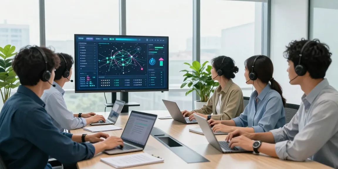IT support for business team collaborating in a modern office, showcasing real-time monitoring dashboard.