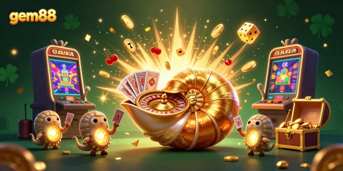 Experience the excitement of gem88 with a vibrant 3D illustration of a giant nautilus and overflowing jackpot!
