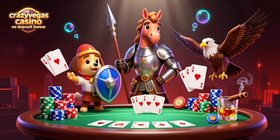 Experience the thrill of the crazyvegas casino no deposit bonus with knights, a puppy, and poker elements!