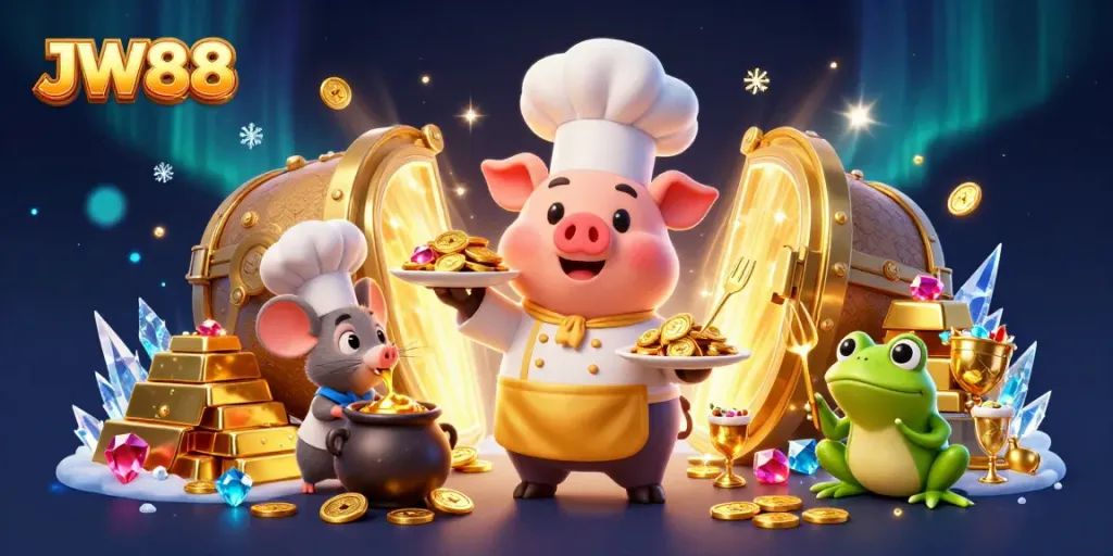 JW88 casino scene featuring vibrant characters and sparkling treasures, immersing players in luxury.