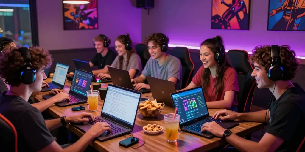 Friends immersed in gameplay at Hitclub digital café, showcasing vibrant gaming atmosphere.