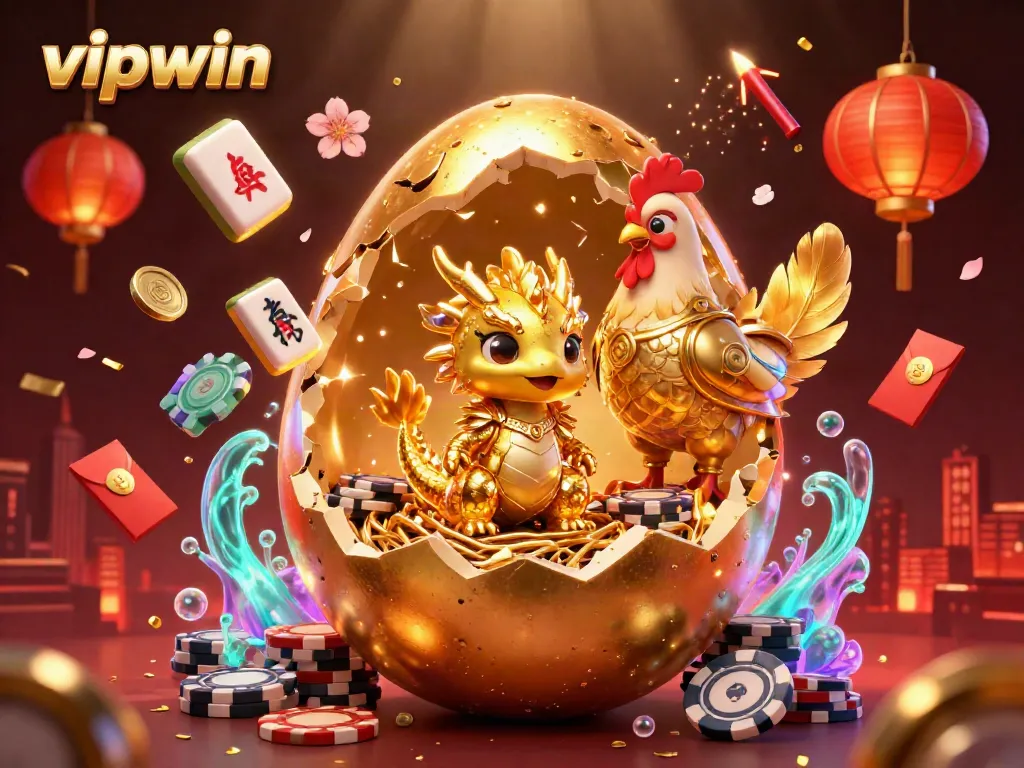 Engage with vipwin's thrilling casino atmosphere featuring a golden dragon and poker chips.