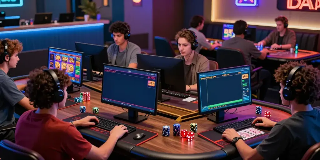Engaged players enjoying diverse games on DA88 platform in a vibrant lounge.