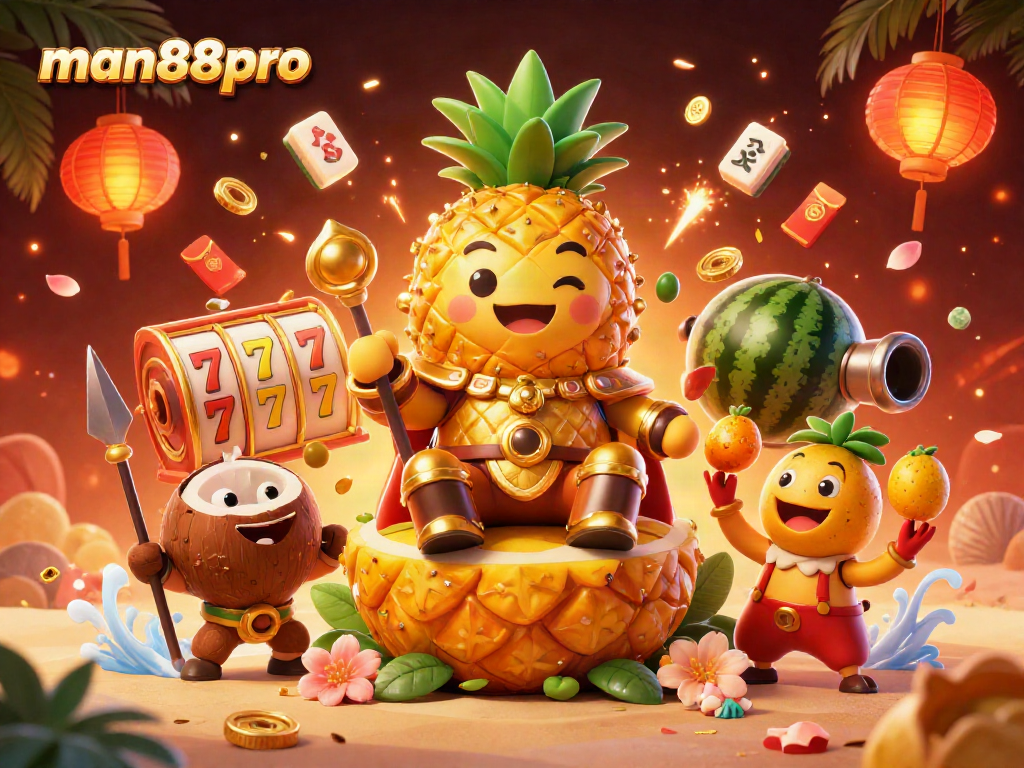 Experience the vibrant adventure of man88pro's casino, featuring a golden pineapple king and a lively beach scene.