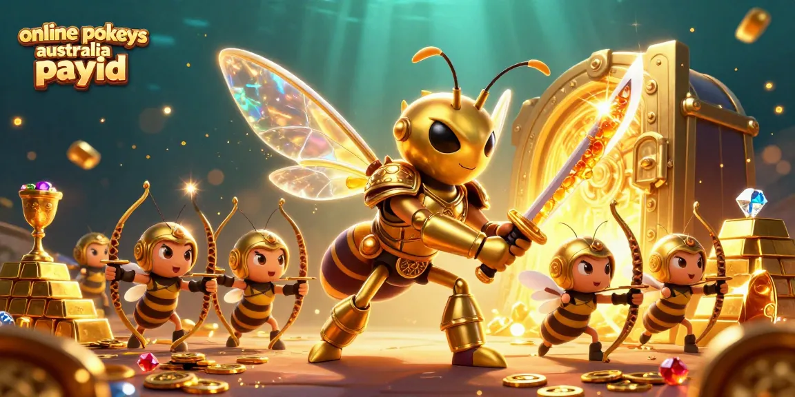 Play online pokies Australia PayID with a vibrant 3D scene of golden characters and casino treasures.