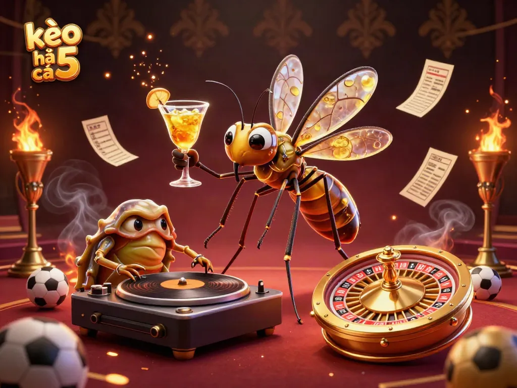 Experience thrilling action with kèo nhà cái 5 in this dynamic casino scene featuring a lively mosquito mascot and DJ.