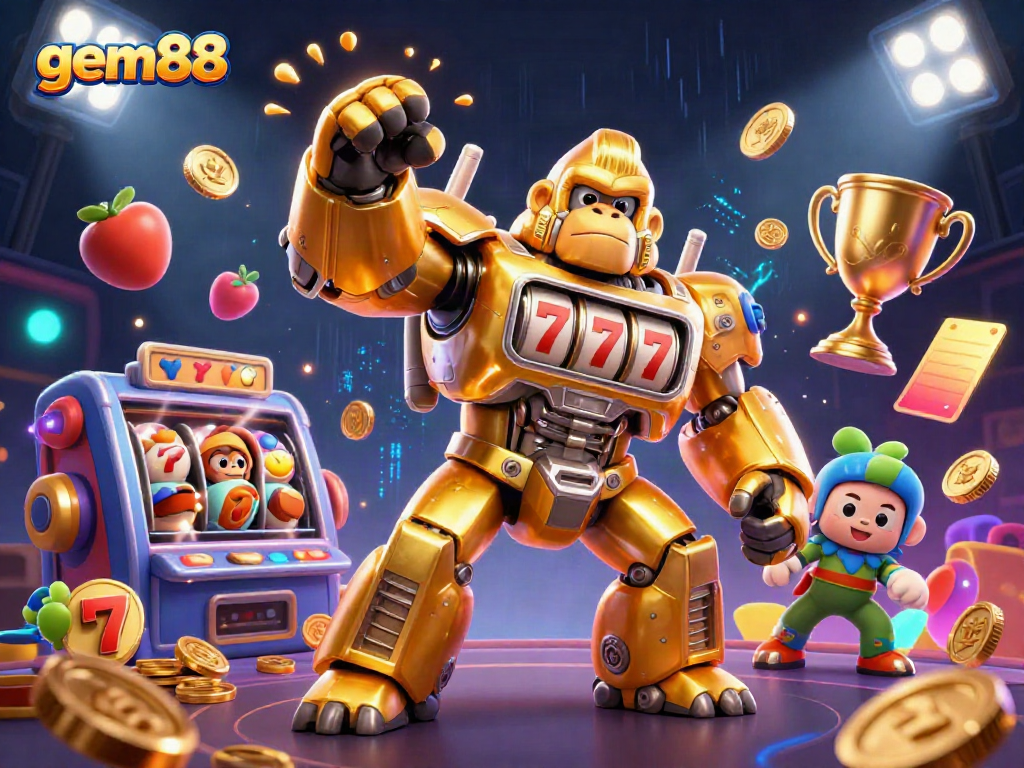 Experience the gem88 excitement with a golden gorilla mech amidst vibrant slot reels and coins.