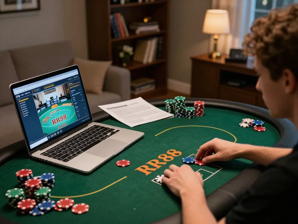 Engaged player enjoying rr88 online poker with strategic notes and immersive gameplay.