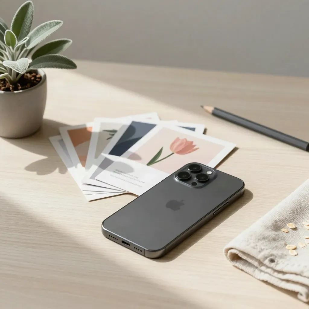 Matný smartphone s reklamními kartami, tužkou, rostlinkou a látkou na světlém dřevě.