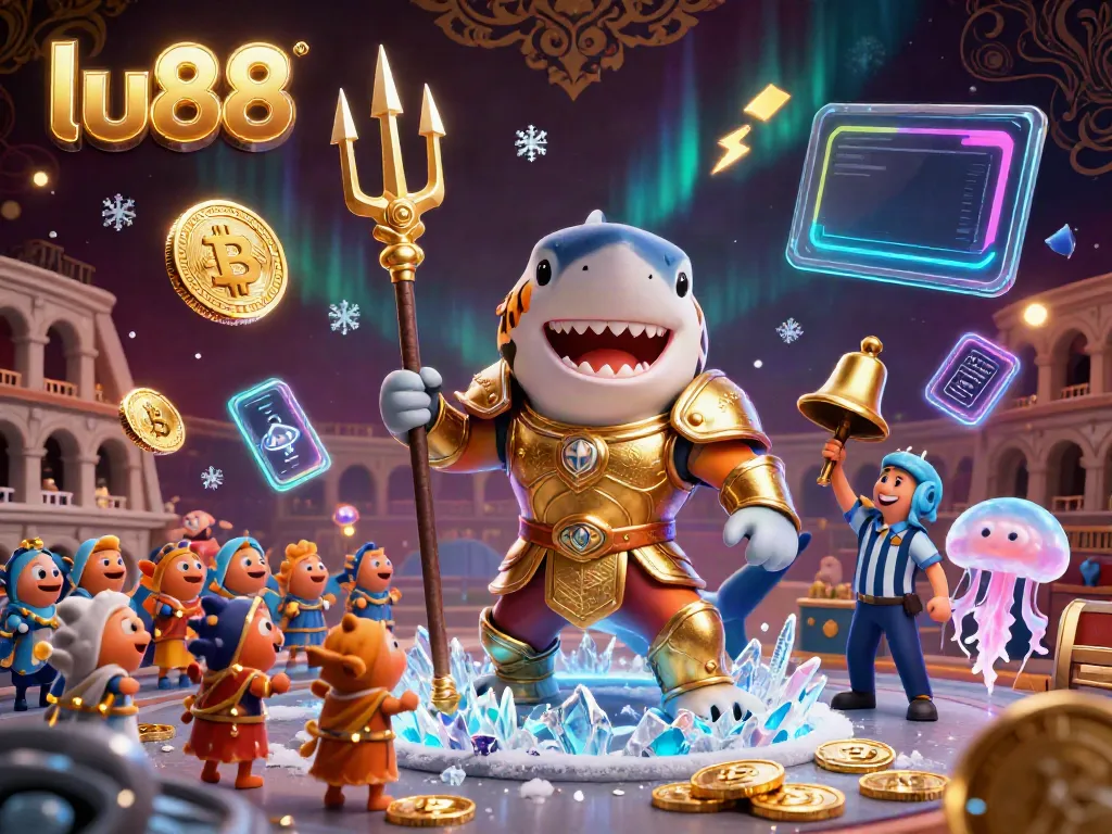 Experience thrilling gameplay with lu88's stunning underwater casino scene featuring a tiger shark and cryptocurrency elements.