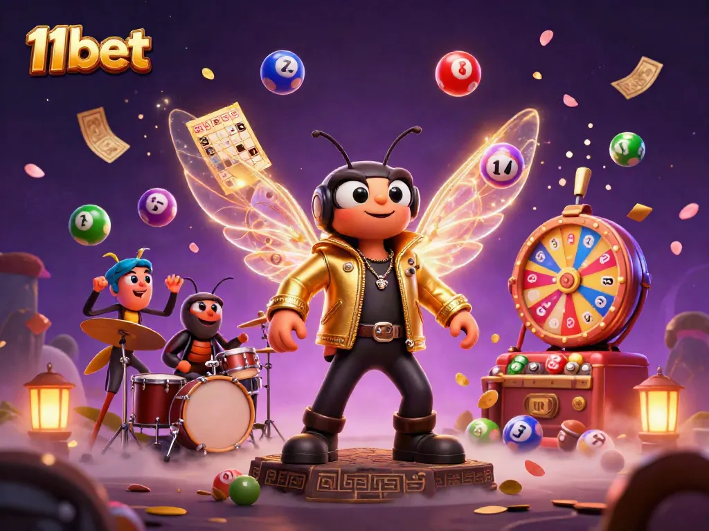 Experience the excitement of 11bet with a vibrant casino scene featuring a cicada rock star and colorful game elements.
