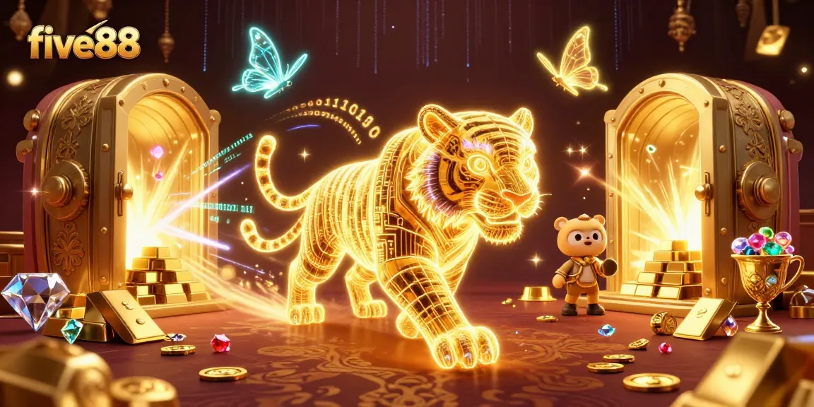 Experience the thrill of five88 with a vibrant casino scene featuring a glowing tiger and treasures.