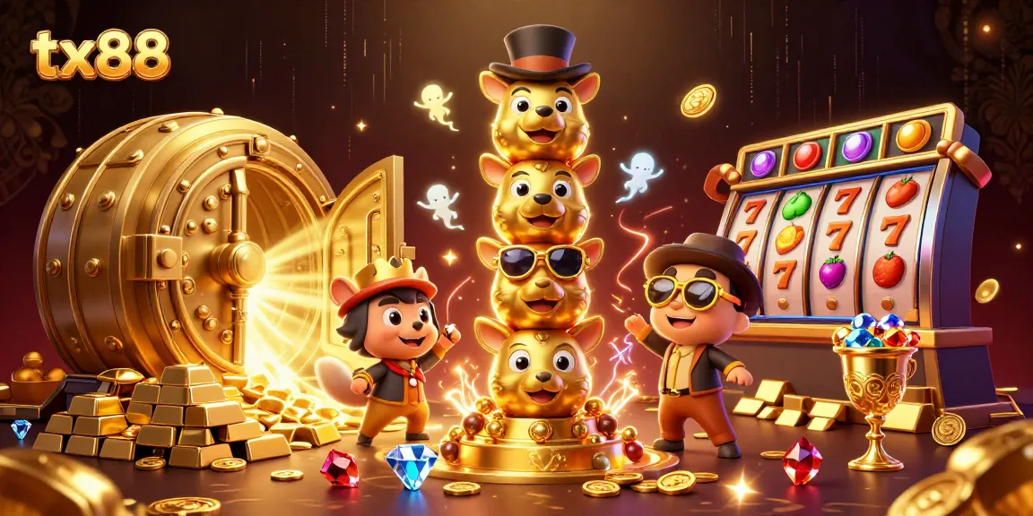 Experience vibrant tx88 casino adventure with a golden totem and slot reels bursting with gems.
