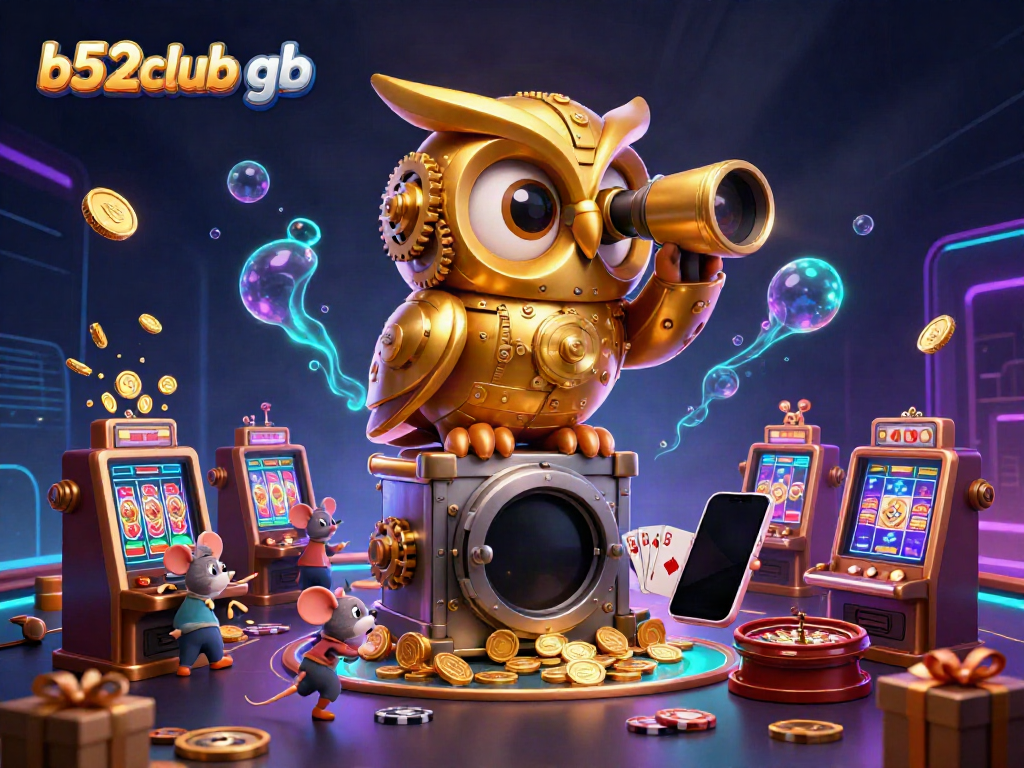 Engage in thrilling gaming experiences at b52club gb with vibrant 3D illustration showcasing lively casino elements.