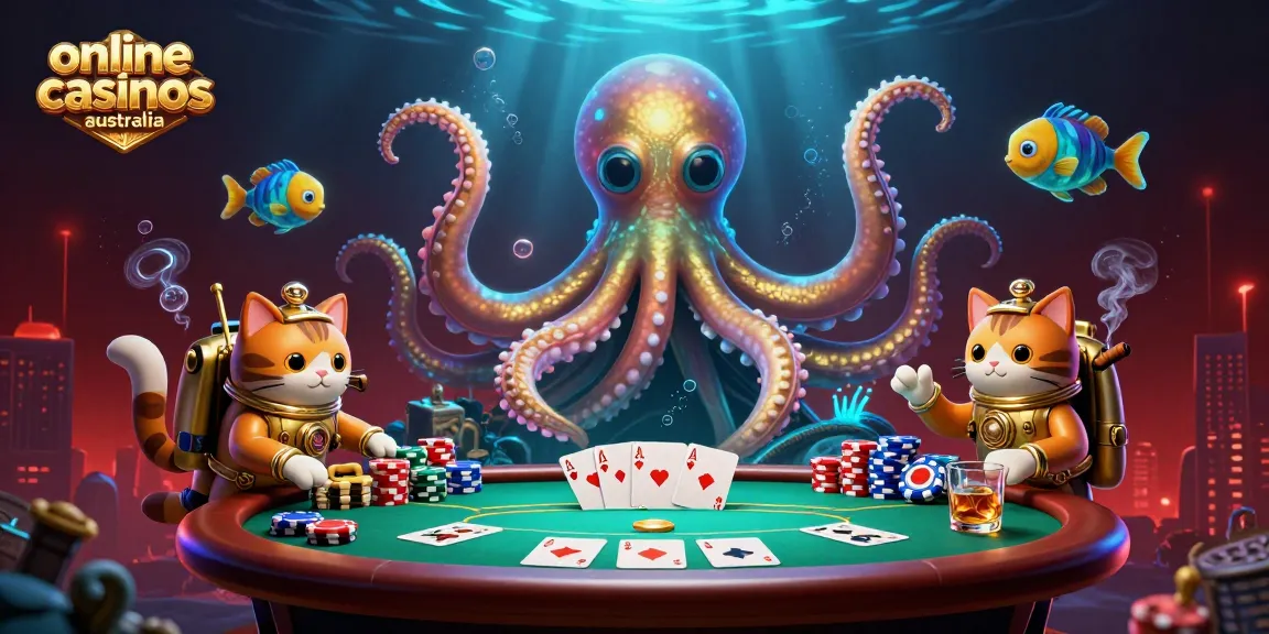 Engage in online casinos Australia with this vibrant kraken scene filled with poker action.