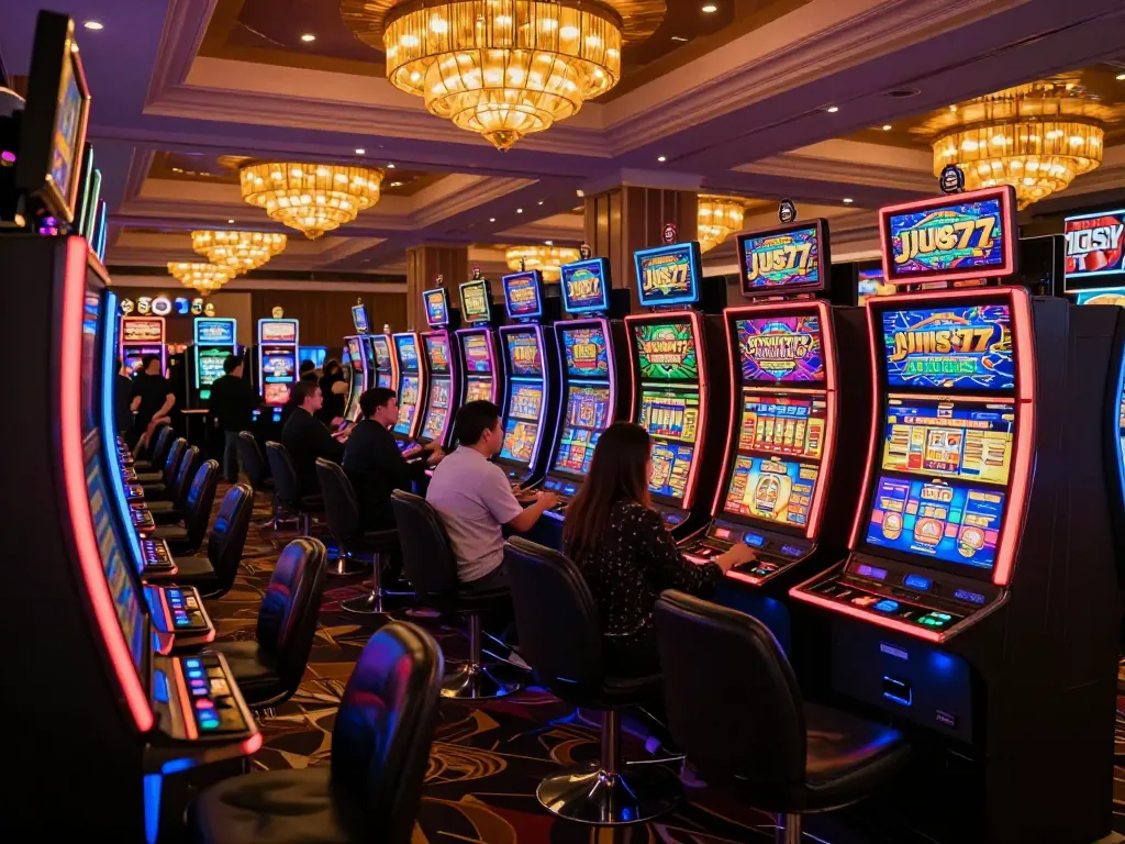 Play vibrant slot machines at jus77's exciting casino, showcasing lively players in colorful gaming area.