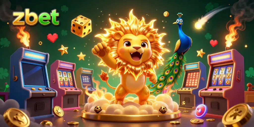 Experience thrilling gameplay with zbet’s vibrant 3D casino scene, showcasing a roaring sun lion, golden dice, and colorful gaming machines.