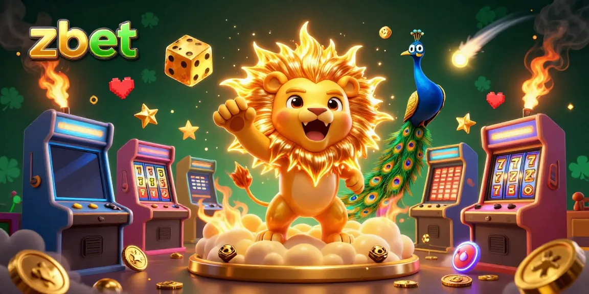 Experience thrilling gameplay with zbet’s vibrant 3D casino scene, showcasing a roaring sun lion, golden dice, and colorful gaming machines.