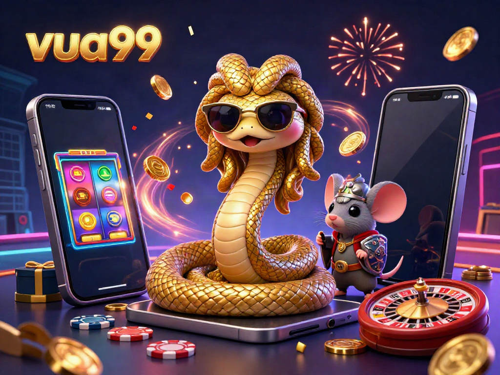 Experience exciting gaming at vua99 with a vibrant scene featuring Medusa and a warrior mouse amidst casino elements.