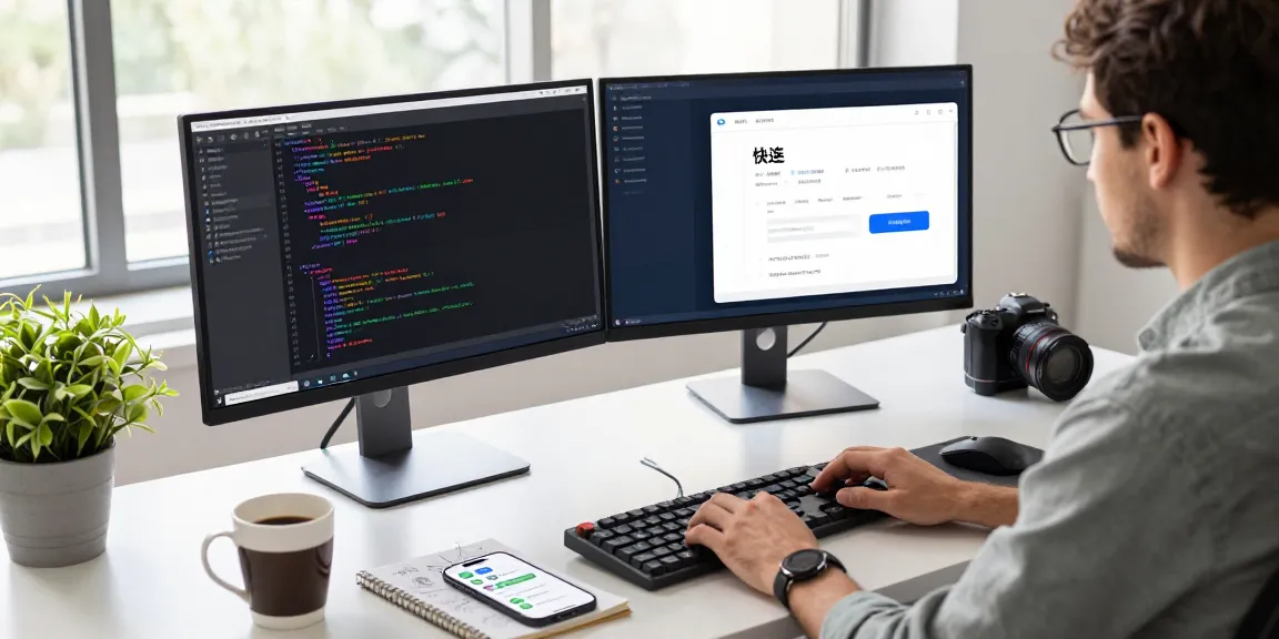 Developer using快连 software on dual monitors in a bright tech workspace.