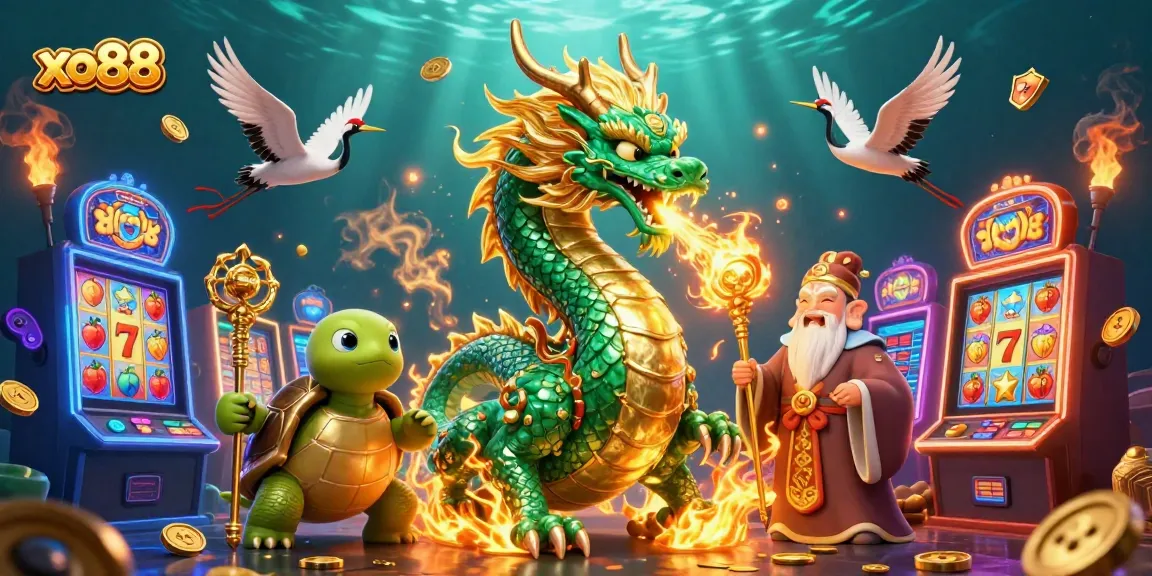 Experience the thrill of xo88 with a dazzling scene of a jade dragon and slot machines.