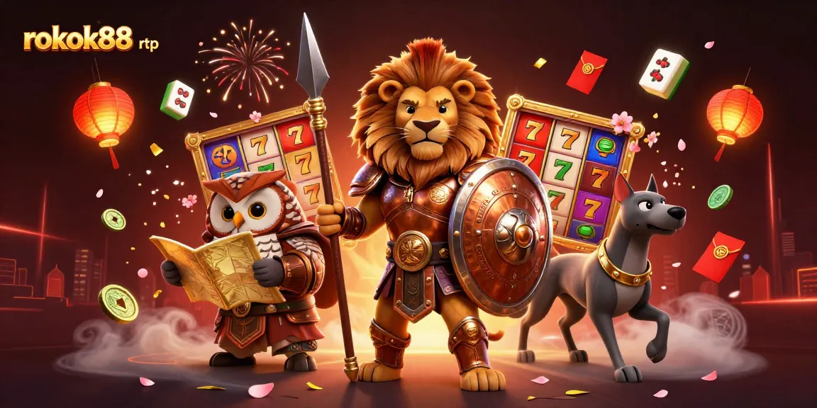 Experience the thrill of rokok88 rtp with vibrant casino elements, showcasing a Spartan lion and exciting symbols.