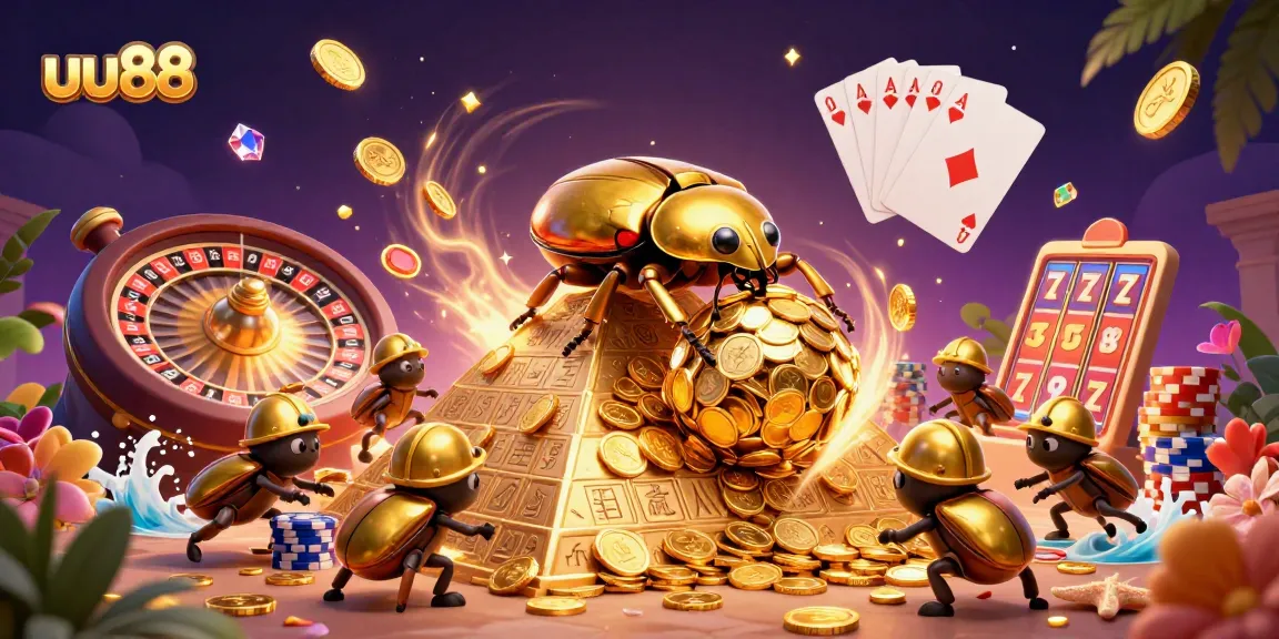 Experience the thrill of uu88 with golden coins cascading through a vibrant, action-packed casino illustration.