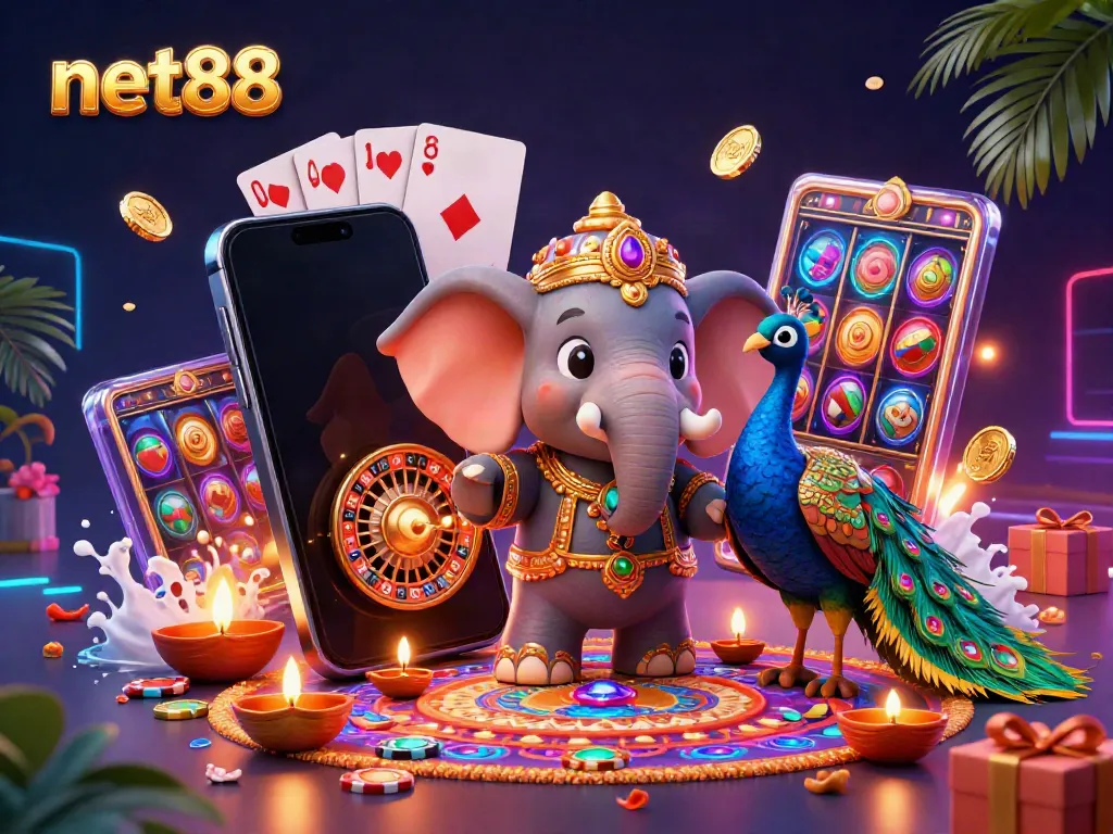 Experience the vibrant energy of net88 with a colorful casino scene featuring an ornate elephant and peacock.