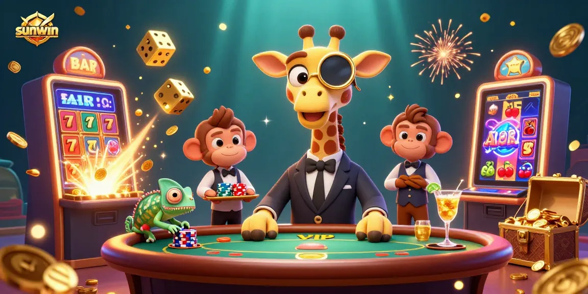 Experience excitement at sunwin with a giraffe in a suit and vibrant casino games surrounding him.