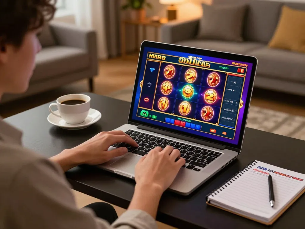Player enjoying a thrilling online slot game at MM 88 in a cozy home setting