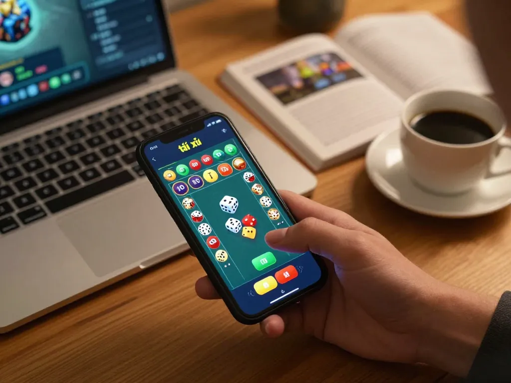 Tài xỉu 10 mobile gaming scene showcasing a player's interaction with the app and strategic setup.