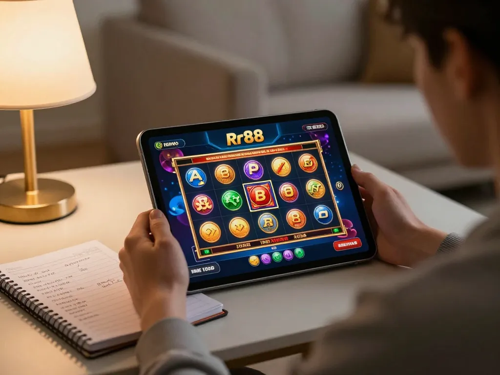 Engaging with rr88 casino app during a cozy home gaming session, showcasing dynamic slot gameplay